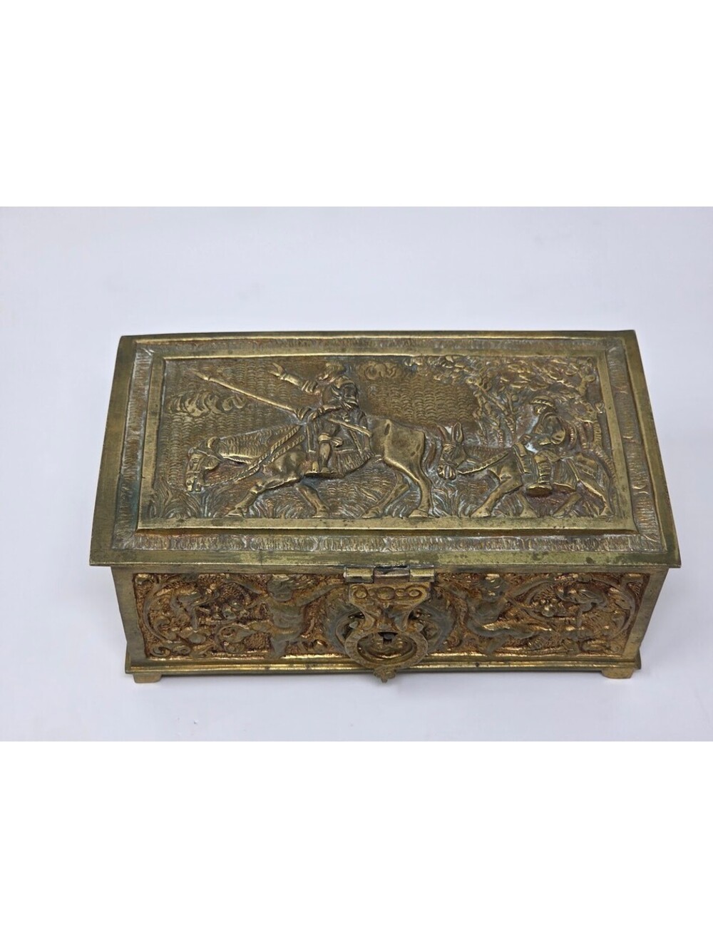 Vintage Brass Jewelry Box Relic Casket Figural Relief Velvet Lined Interior RARE